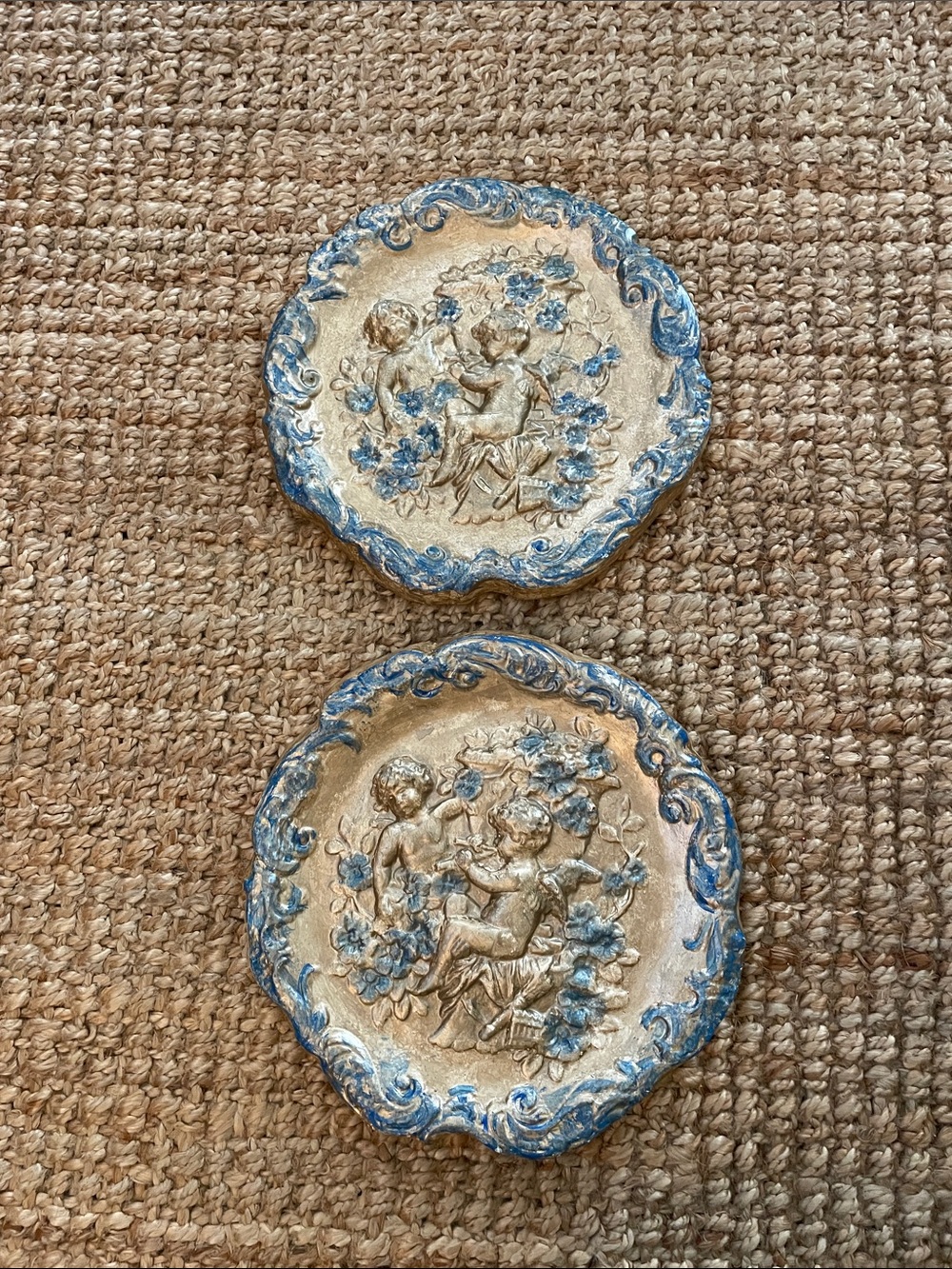 Ornate Cherub Wall Plaque Pair — Blue and Gold Home Art